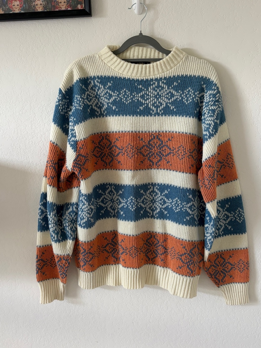 VINTAGE 80S FAIR ISLE NORDIC CREWNECK SWEATER L 42/44 BLUE RUST CREAM GRANDPA